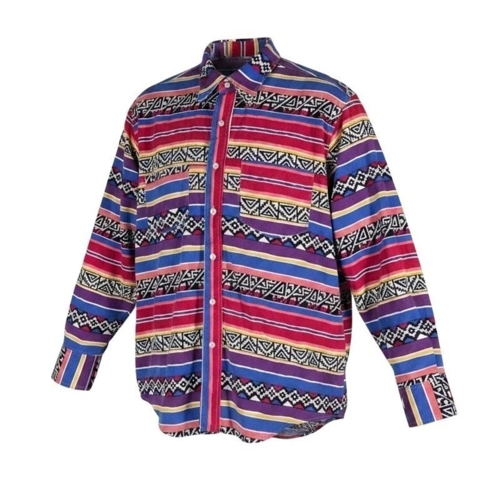 Vintage 90s Frontier Series Western Shirt Mens L Southwestern Tribal Stripe LS